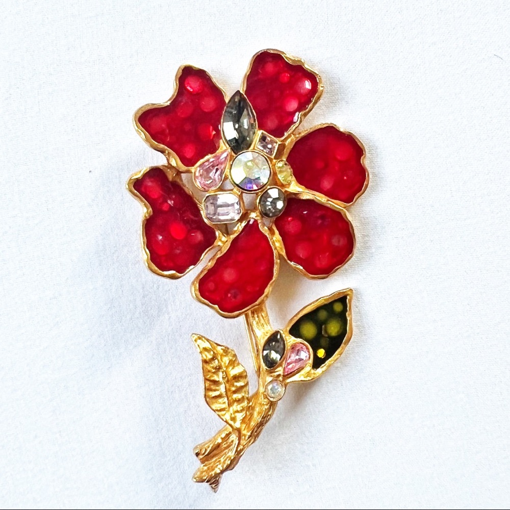 Archival Vintage Christian Lacroix Enamel Flower l Brooch with Crystals FLAWLESS
